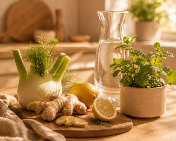 Fenchel, Ingwer, Zitrone und frische Minze auf einer Küchenarbeitsfläche.