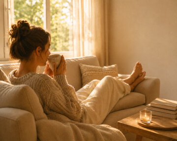 Frau entspannt mit einer Tasse Tee auf einem Sofa.