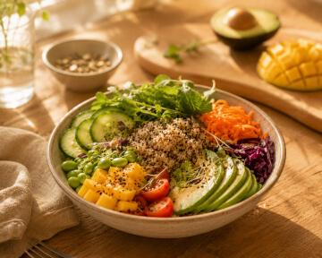 Bunte Bowl mit Gemüse, Avocado und frischen Zutaten.