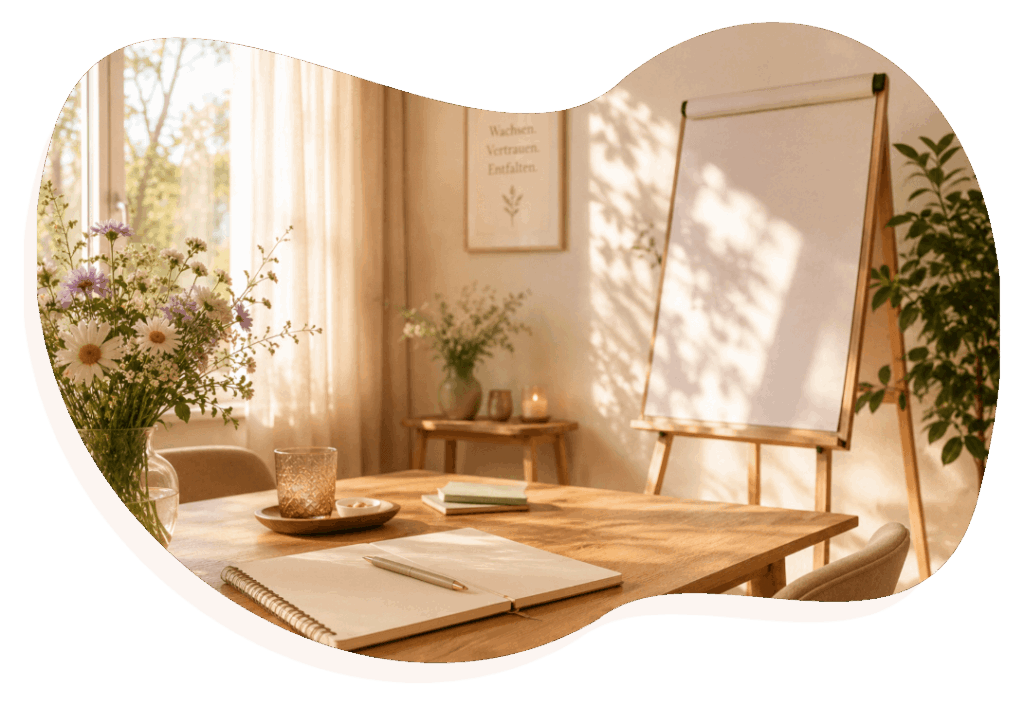 Heller Workshopraum mit Holztisch, Flipchart und warmem Morgenlicht.