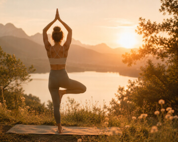 Frau macht Yoga bei Sonnenaufgang in der Natur.