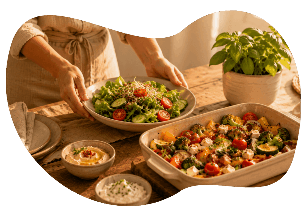 Gesunde Mahlzeit mit gemischtem Salat und buntem Ofengemüse auf einem Holztisch