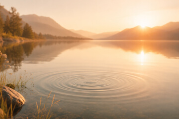Ruhiger Bergsee bei Sonnenaufgang mit sanften Wellen auf dem Wasser