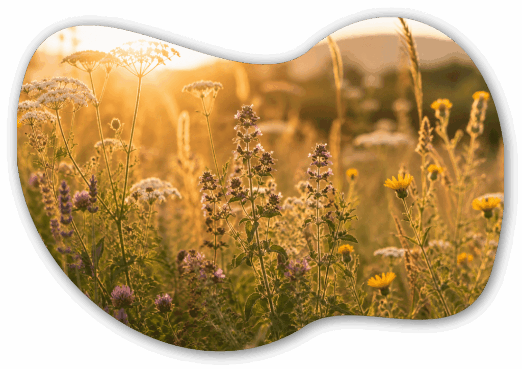 Wildblumen/Kräuter in warmem Gegenlicht: Nahaufnahme einer natürlichen Wiese mit verschiedenen Kräutern und Blüten. Sehr passend zu ganzheitlicher Gesundheit und gleichzeitig zu Carmens Naturheilkunde.